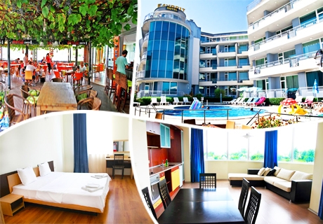 Нощувка в студио или апартамент от 2 до 6 човека + басейн в апарт-хотел Фаворит, Слъчев Бряг до Какао Бийч
