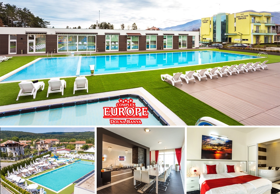 Нощувка на човек със закуска + открит акватоничен басейн с минерална вода от Комплекс Европа***, Долна Баня