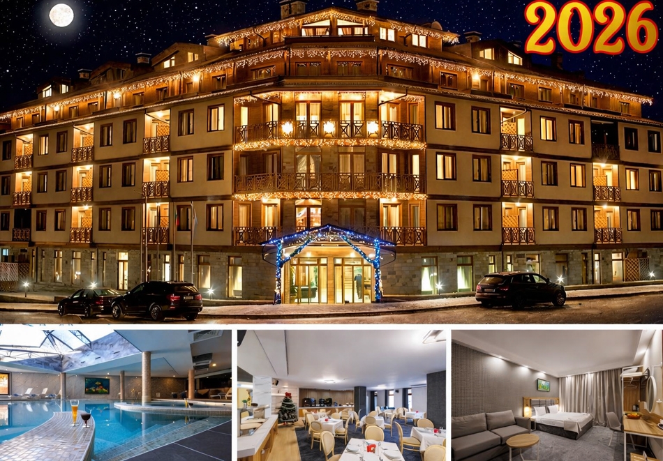 Нова година във Вихрен Роял Палас ****, Банско: 3 нощувки на човек със закуски и вечери, едната Празнична в допълнителната зала на ресторанта + топъл басейн и термална зона.