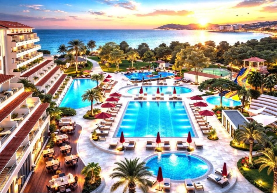 На първа линия в Кушадасъ, Турция: Автобусен транспорт + 7 нощувки на човек на база Ultra All Inclusive в BATIHAN BEACH RESORT 5*. Дете до 12.99г. безплатно!