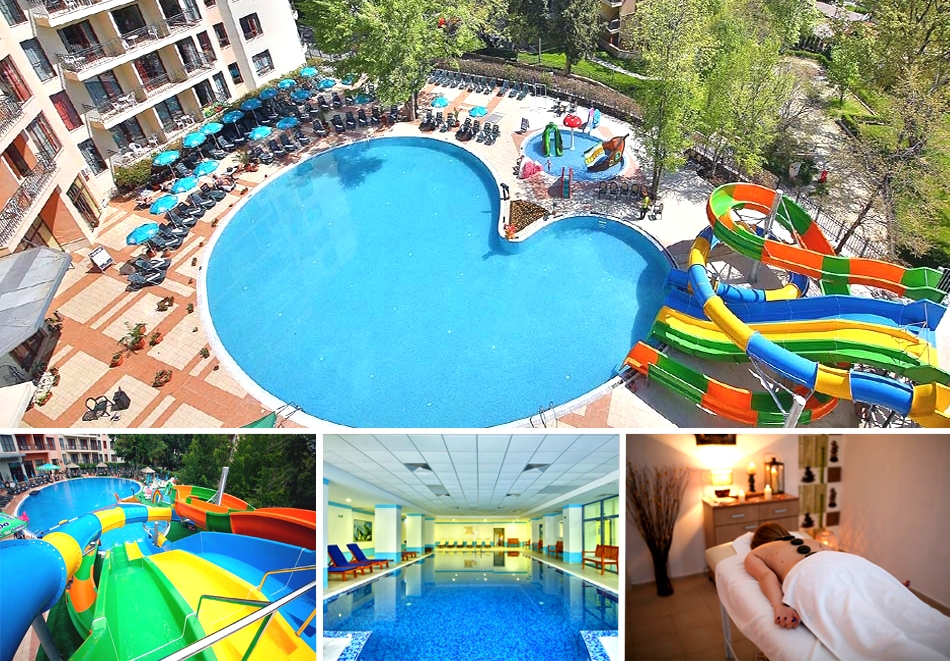 Нощувка на човек на база All Inclusive + външни басейни, 11 пързалки, вътрешен басейн и СПА зона + много забавления за деца от Престиж хотел и Аквапарк, Златни пясъци. Дете до 12.99г. - БЕЗПЛАТНО!