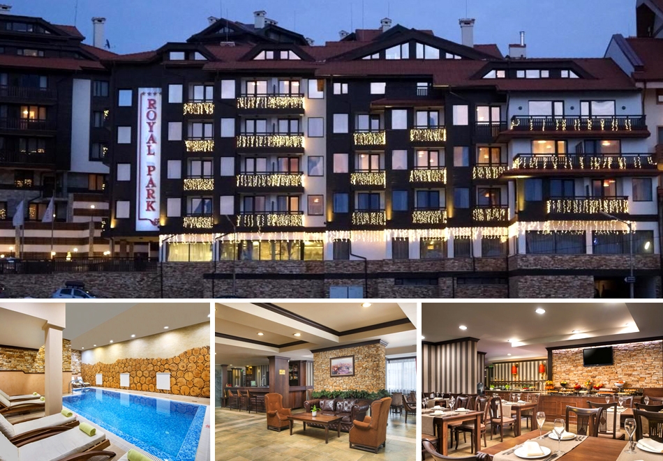 Нощувка на човек със закуска или закуска и вечеря с напитки + топъл закрит басейн, релакс зона и транспорт до начална лифт станция  от Роял Парк хотел и Апартаменти****, Банско. Дете до 11.99г - БЕЗПЛАТНО!
