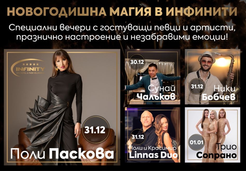 	 Нова година в Инфинити Парк Хотел и Спа*****, Велинград! 3 нощувки на човек със закуски и вечери, едната Празнична + музикално-развлекателна програма + термални басейни и СПА зона 