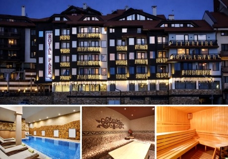 Почивка в Банско: Нощувка на човек със закуска или закуска и вечеря с напитки + топъл закрит басейн, релакс зона и транспорт до начална лифт станция  от Роял Парк хотел и Апартаменти****. Дете до 11.99г - БЕЗПЛАТНО!