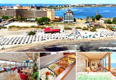 Ранни записвания за лято на ПЪРВА линия в Поморие: Нощувка на човек със закуска, обяд и вечеря + панорамна термална зона от хотел Св. Св. Петър и Павел***