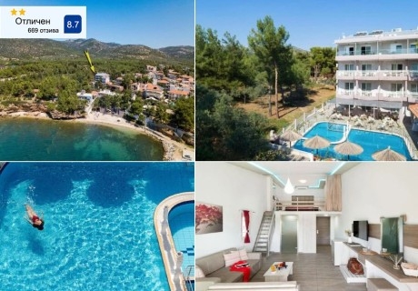 На 250м. от плажа на о. Тасос, Гърция: Нощувка на човек със закуска + басейн в Hotel Sirines