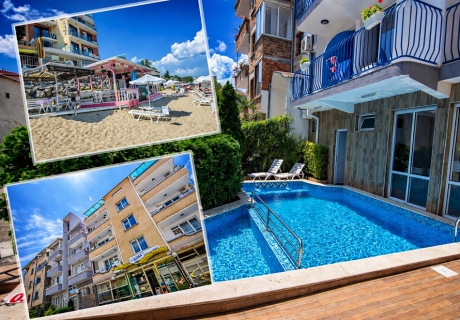 Море 2026 в Равда: Нощувка на човек на база All inclusive light + басейн + шезлонг, чадър и напитки на плажа от семеен хотел Елвира. Дете до 14г. - БЕЗПЛАТНО!!!